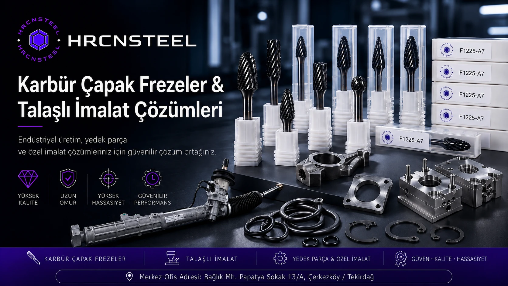 HRCN Steel karbür çapak frezeler, talaşlı imalat, yedek parçalar, O-ring ve segman çözümleri